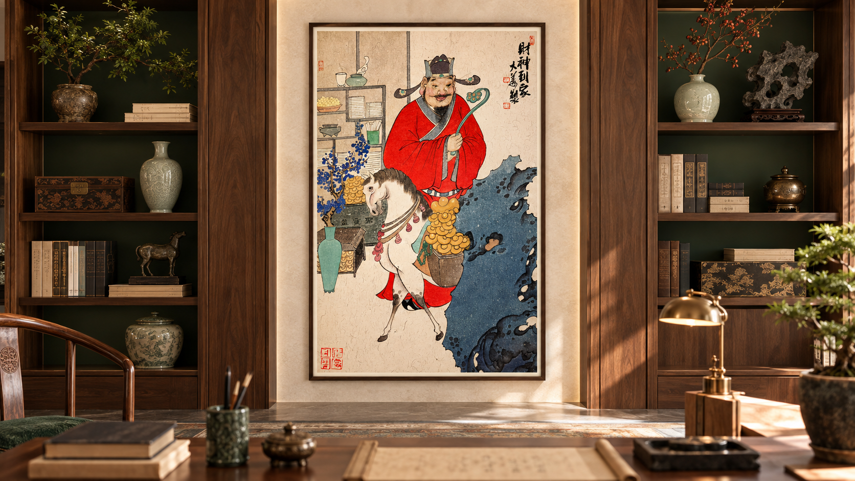 Horse Caishen, ruyi and books in a collector’s study