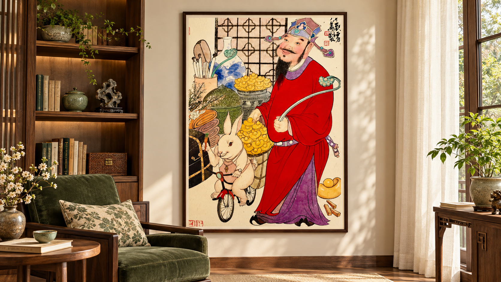 Rabbit Caishen and bicycle in a warm reading room