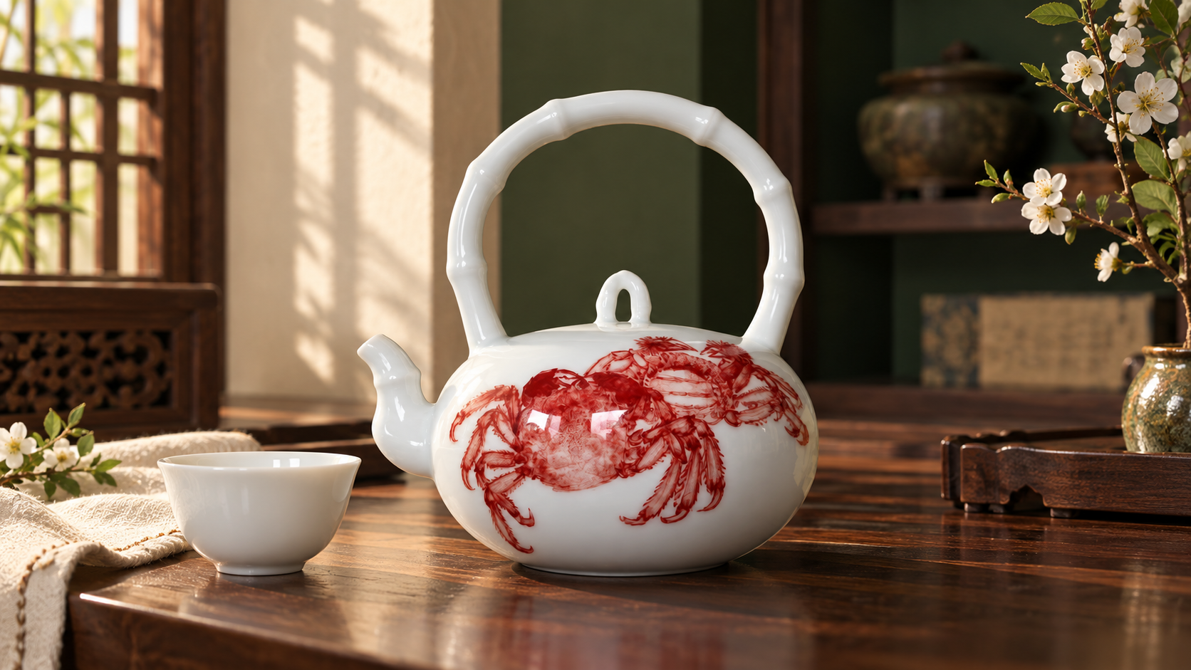Bamboo-handle teapot and its painted crabs in an eye-level tea setting