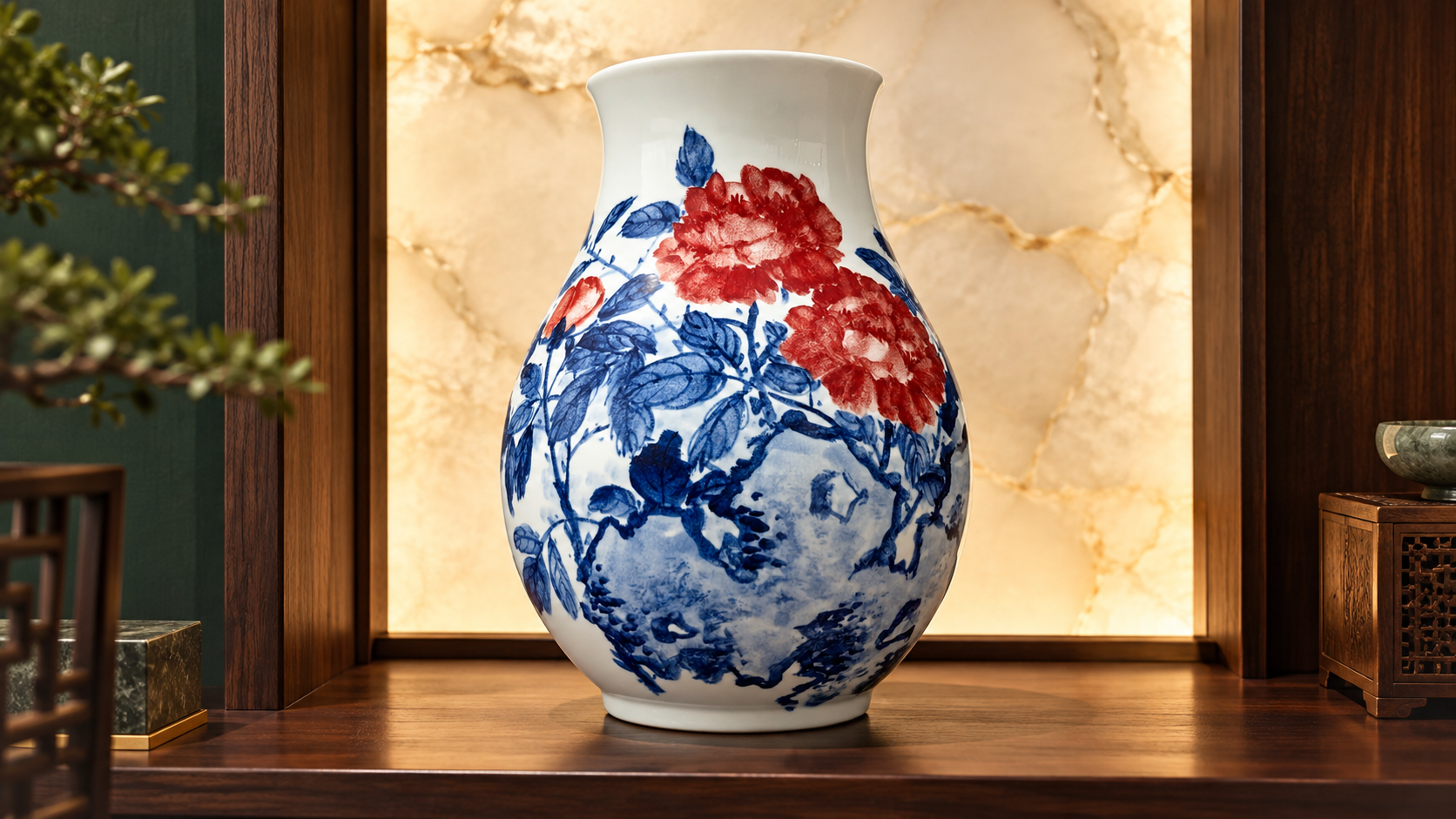 Peony and rock vase with clear red and blue decoration in a walnut display