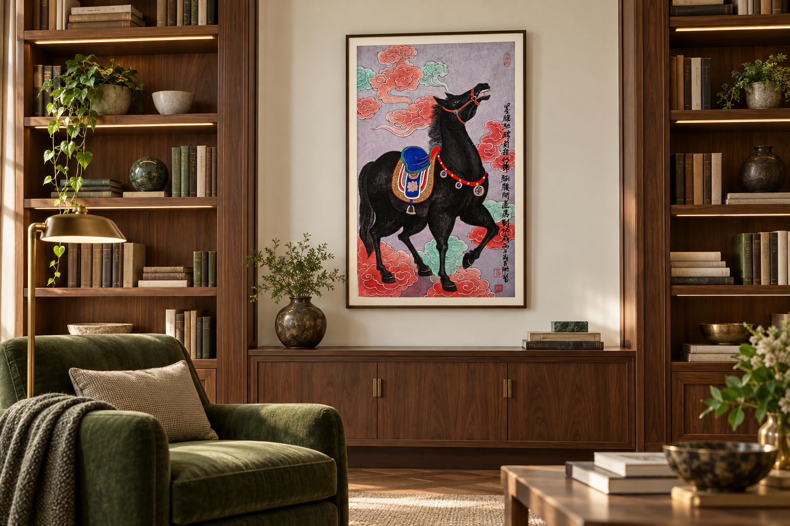 Vertical black-horse painting in a book-lined room