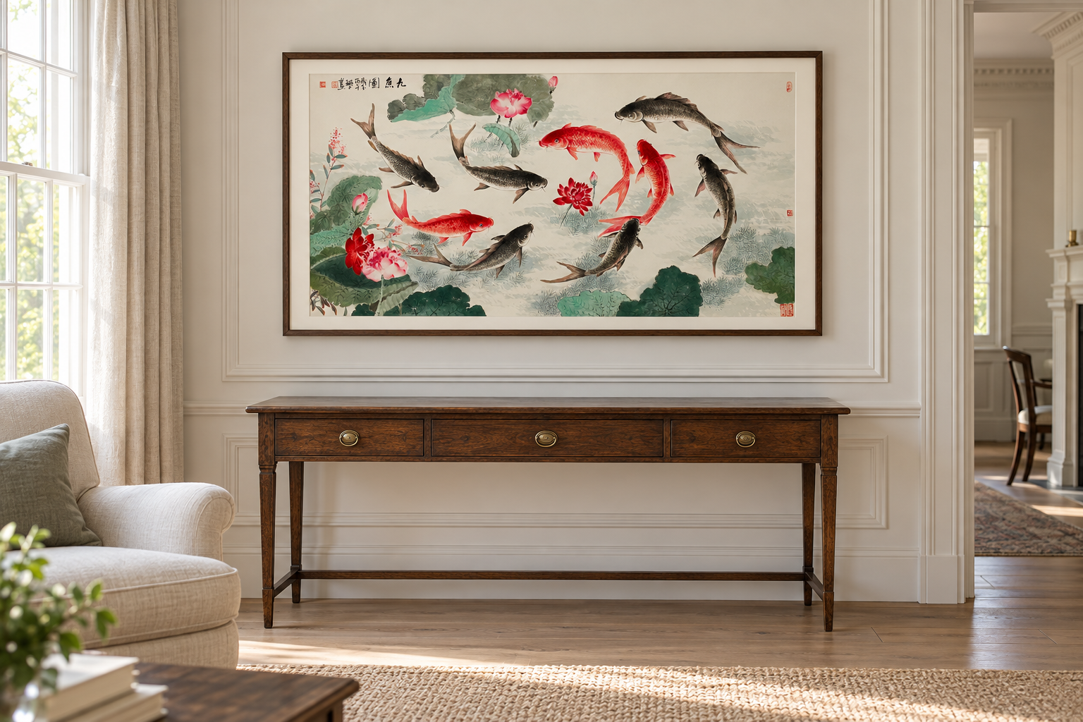 Nine Koi above a seating area in a Western interior
