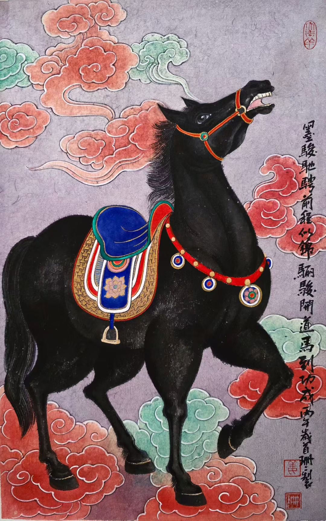 A black horse in elaborate tack rising among coloured clouds