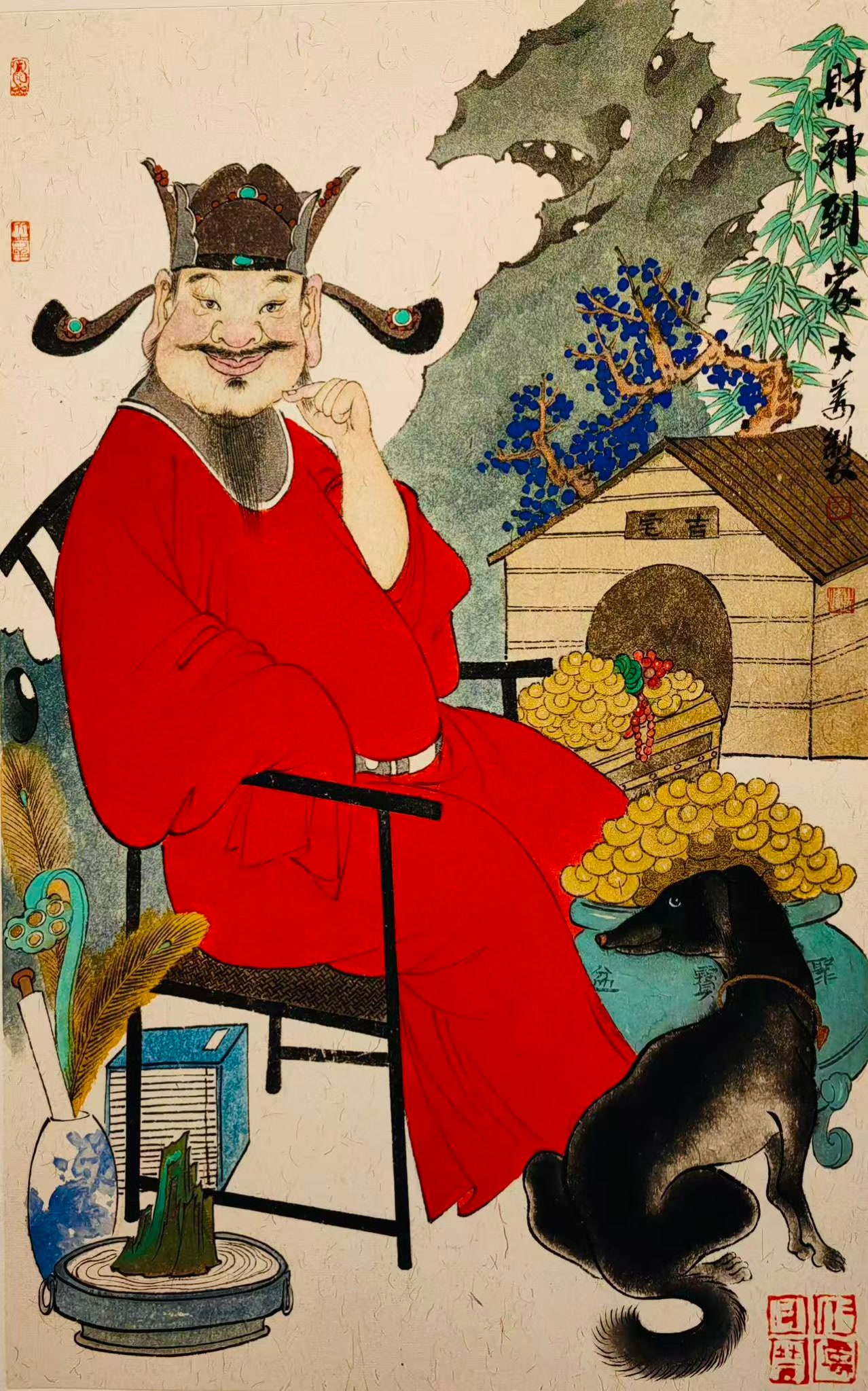 Original photograph: A seated red-robed figure, a dark dog and everyday objects create an intimate, richly detailed scene.