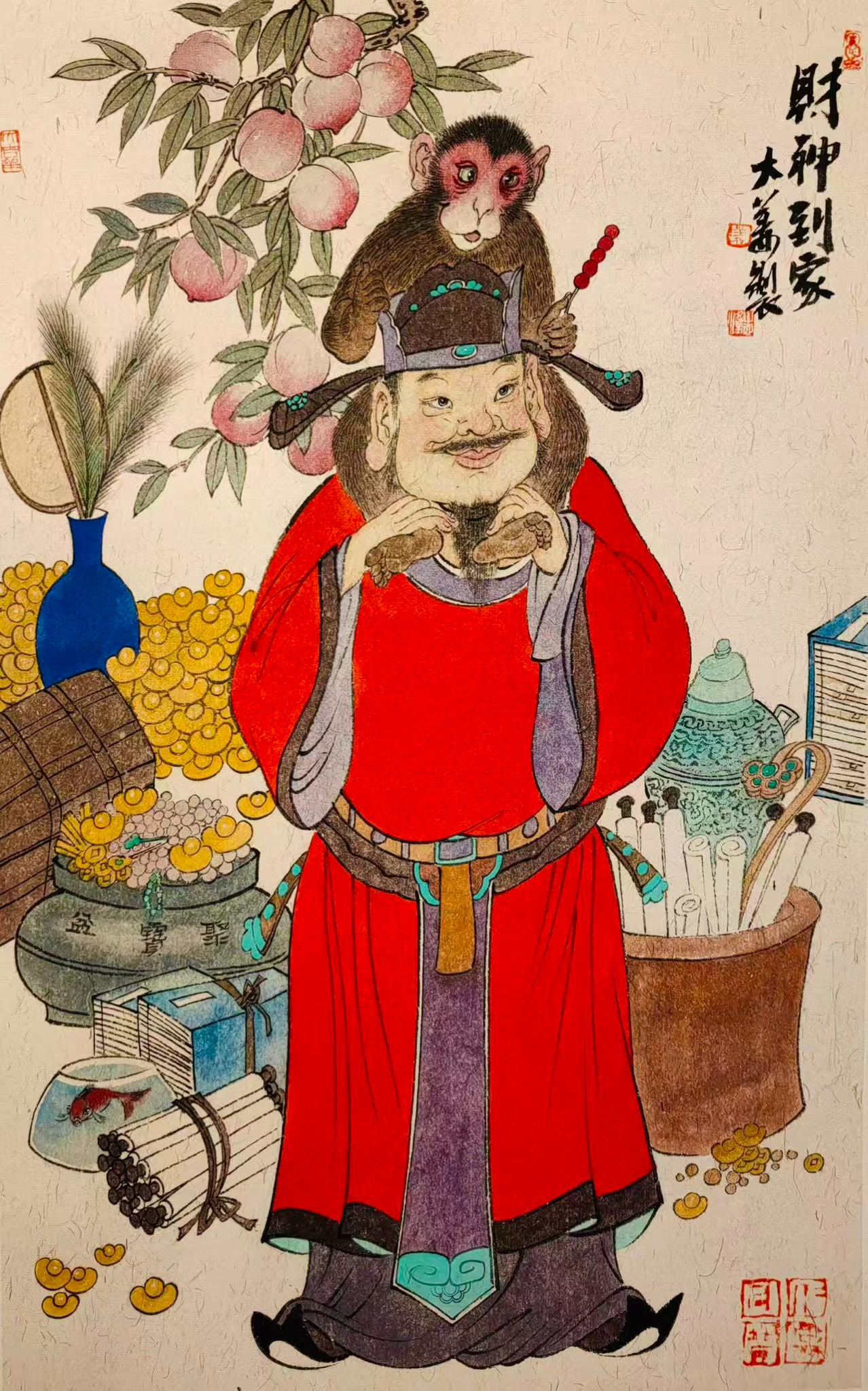 Original photograph: A monkey accompanies the red-robed figure within a playful, richly detailed composition.