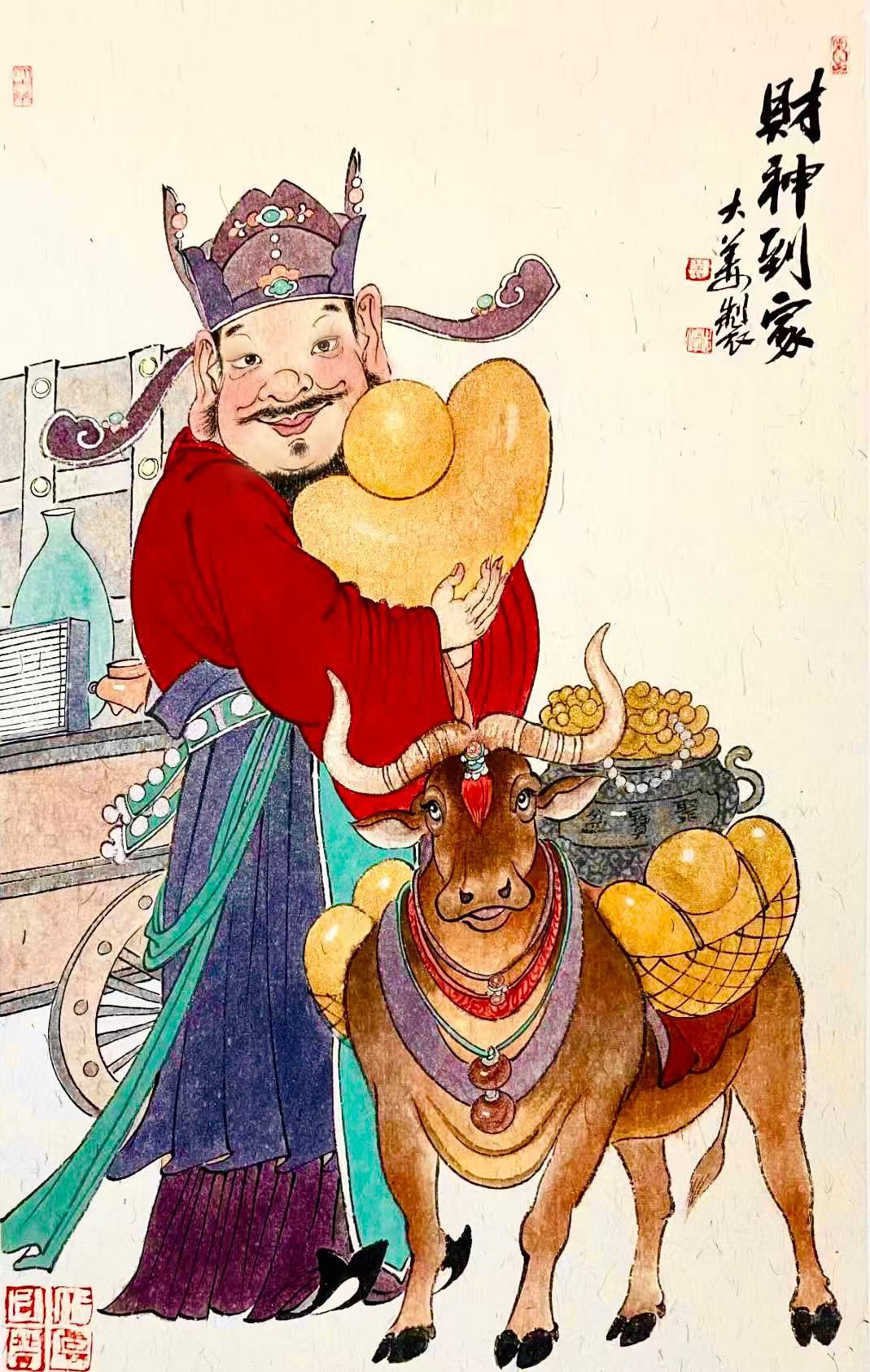 Original photograph: A rounded ox and an animated red-robed figure make an exuberant pairing.