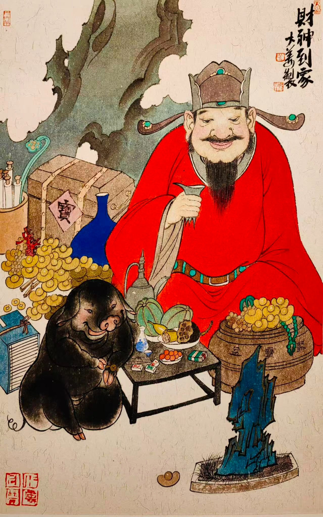 Original photograph: A dark pig sits beside the cheerful figure, a tea table and piles of coins.