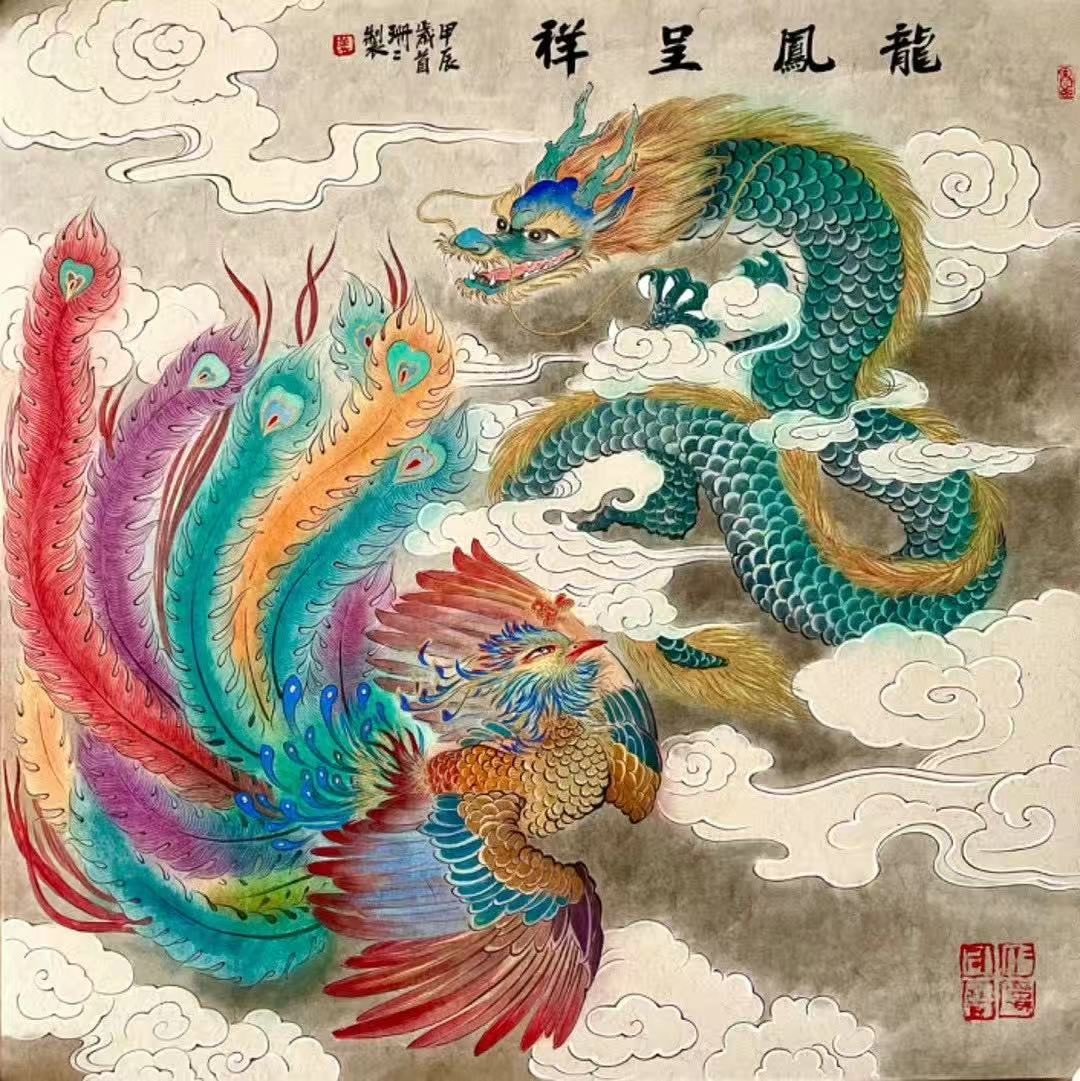 Original photograph: A blue dragon and a colourful phoenix share a square composition.