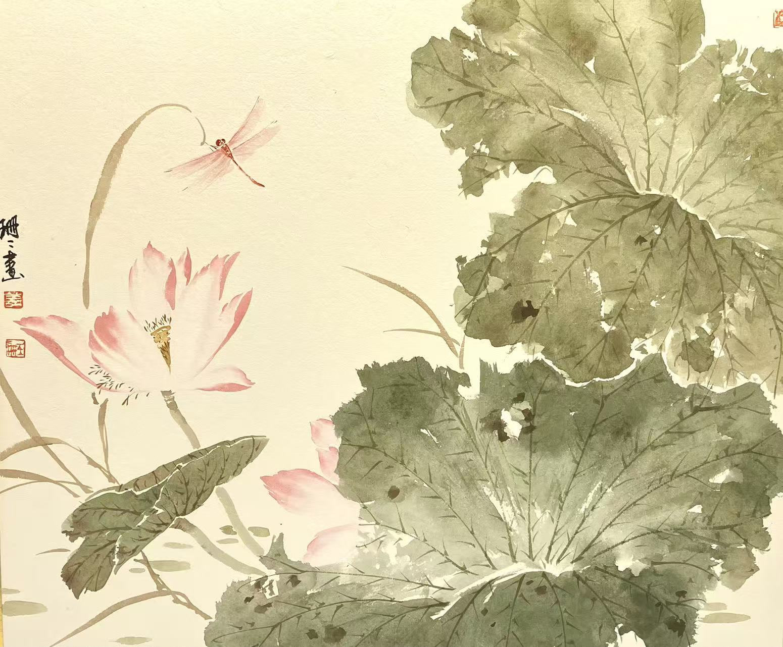 Original photograph: A pink lotus, broad leaves and a dragonfly hold a quiet summer moment.
