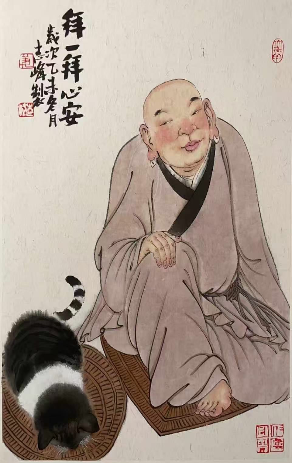 Original photograph: A grey-robed monk and a cat make an intimate, softly coloured scene.