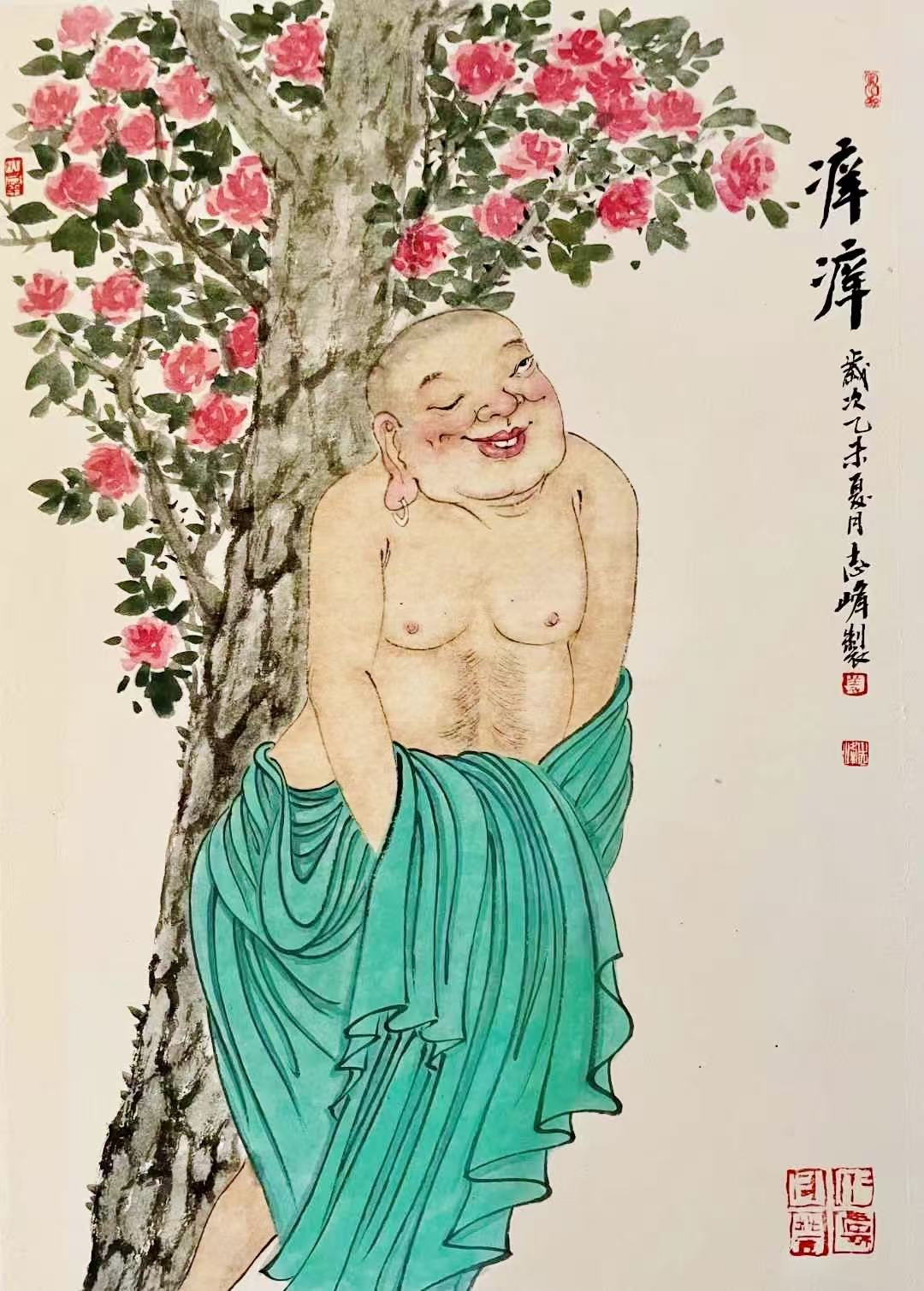 Original photograph: A smiling monk leans against a flowering tree, with a bright green robe and pink blossoms.