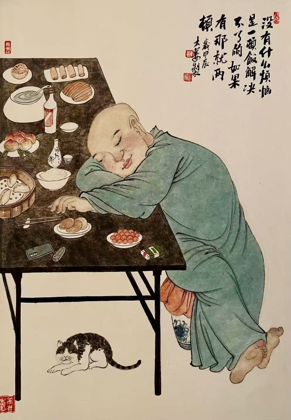 Original photograph: A resting monk sits beside a small tea setting, with a gently humorous expression.