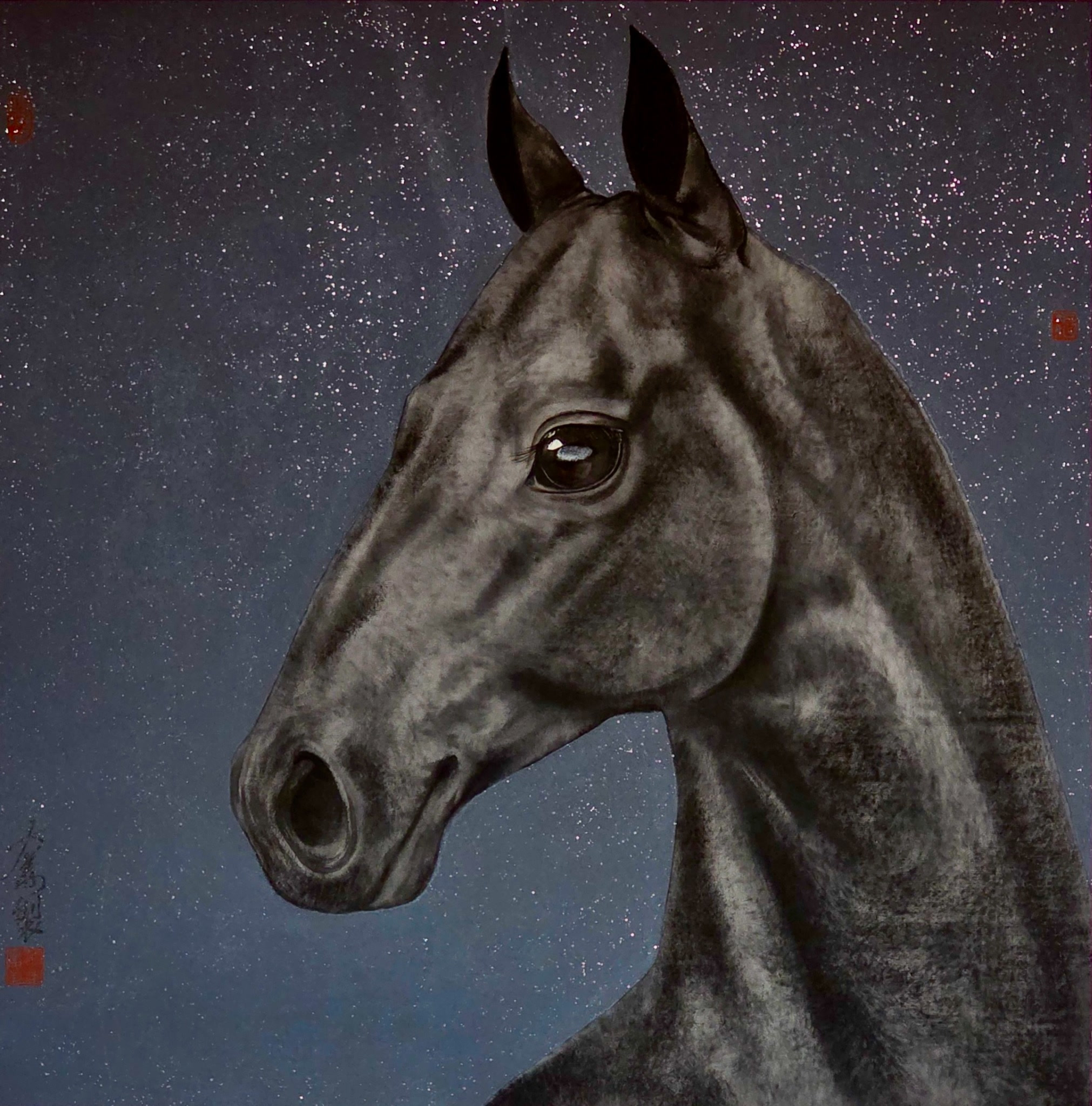 A dark horse portrait against a deep blue ground with pale speckles