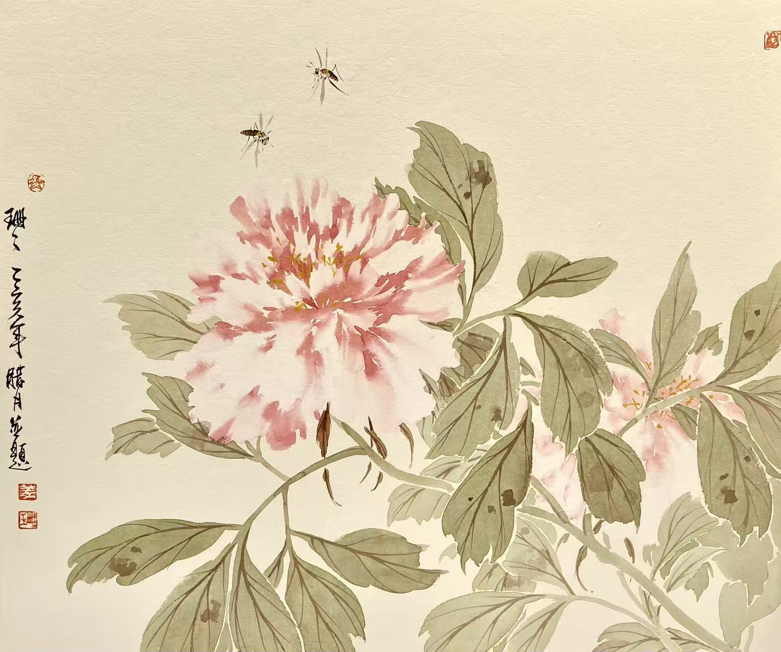 Original photograph: Soft pink petals and small insects invite a closer look at the painted surface.