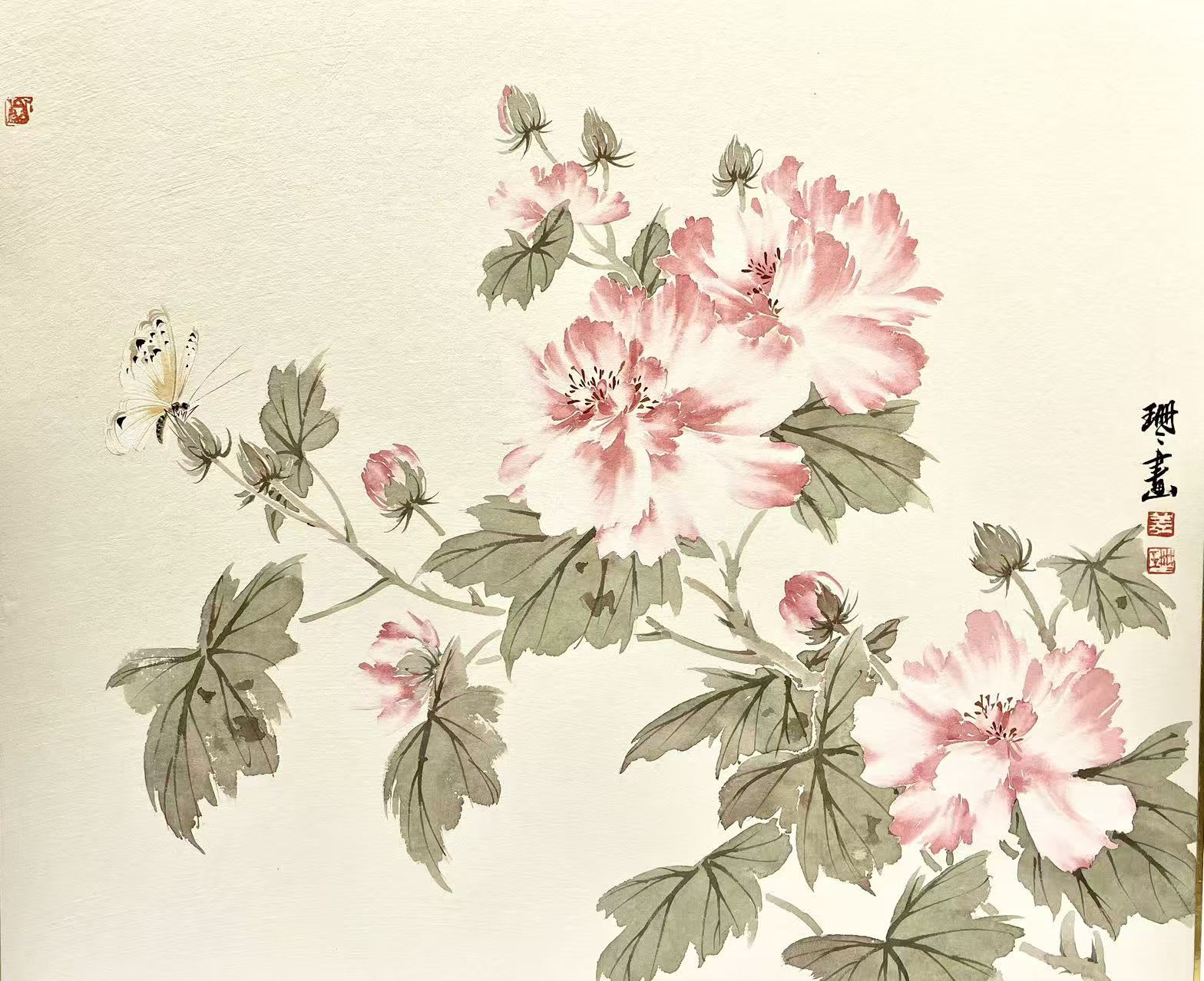 Original photograph: A white butterfly rests beside pink blossoms, buds and grey-green leaves.