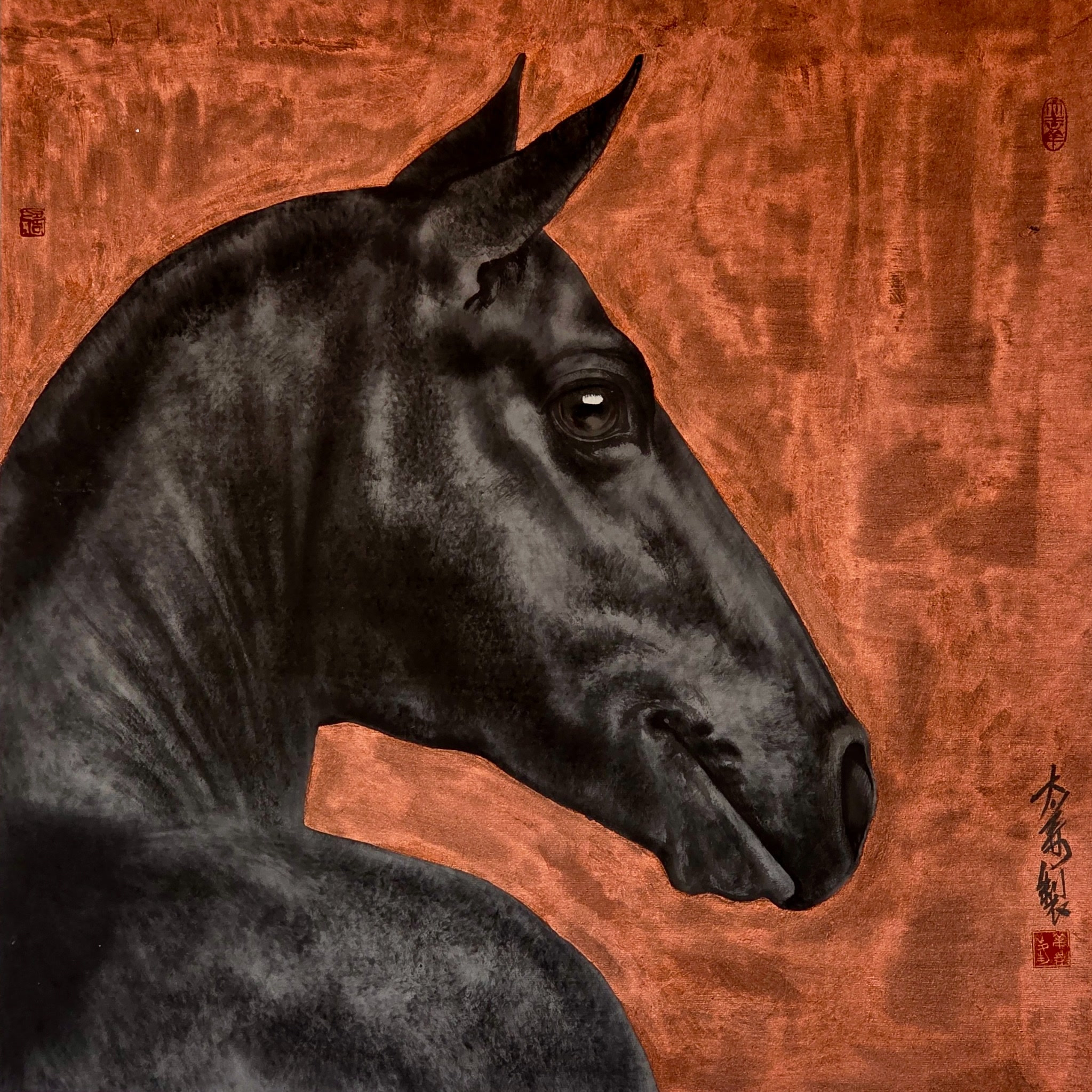 A black horse in profile against a bright vermilion ground