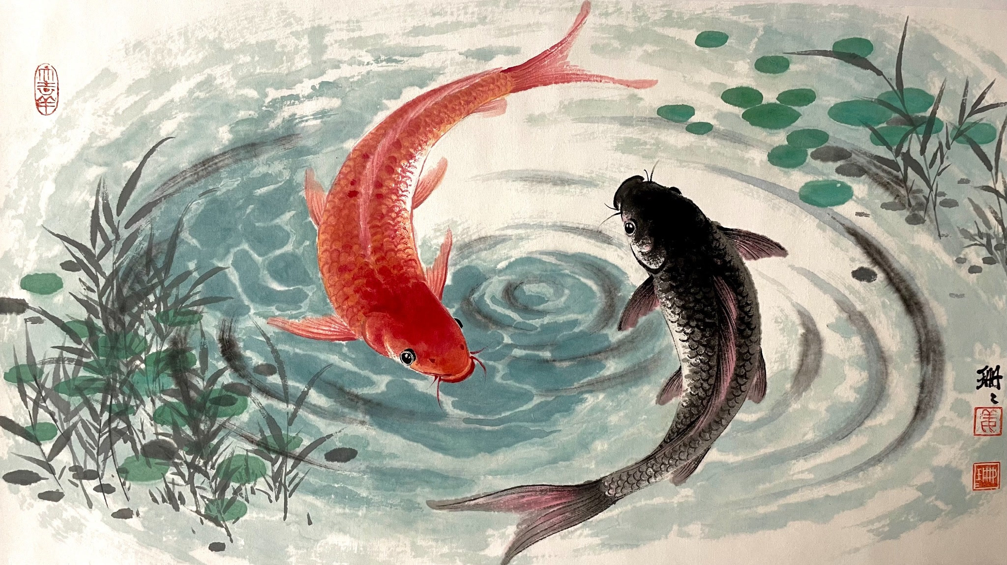 Original painting of red and black koi circling in water