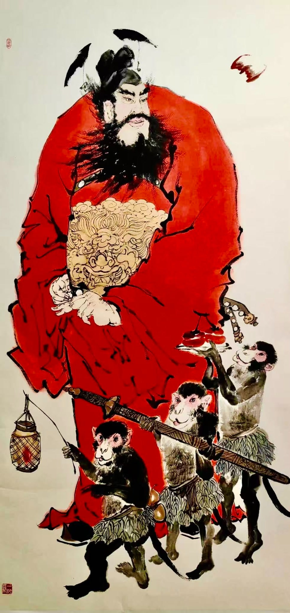 Original photograph: Zhong Kui and small attendants form a spirited procession in red and dark ink.