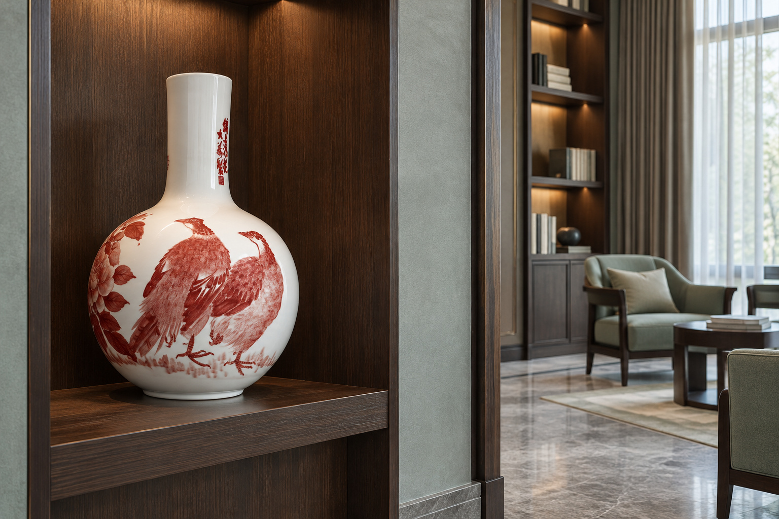 A paired-bird long-neck vase in a quiet hotel reading alcove