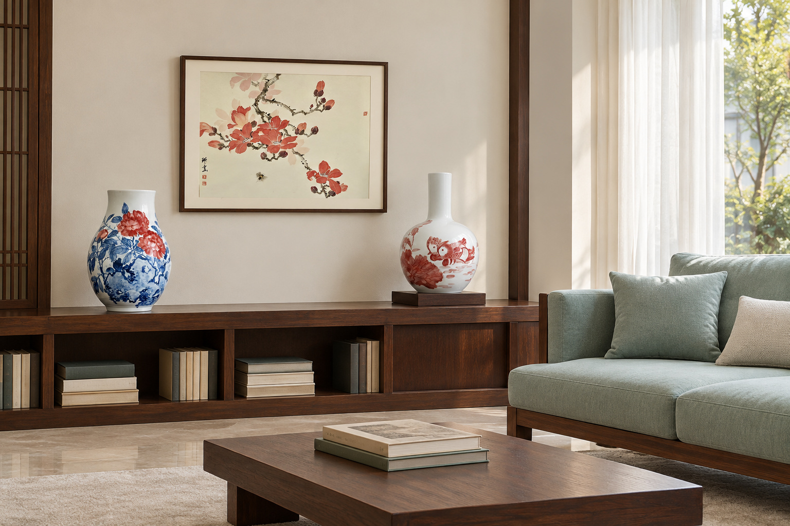 Painting and ceramics sharing a quiet living room