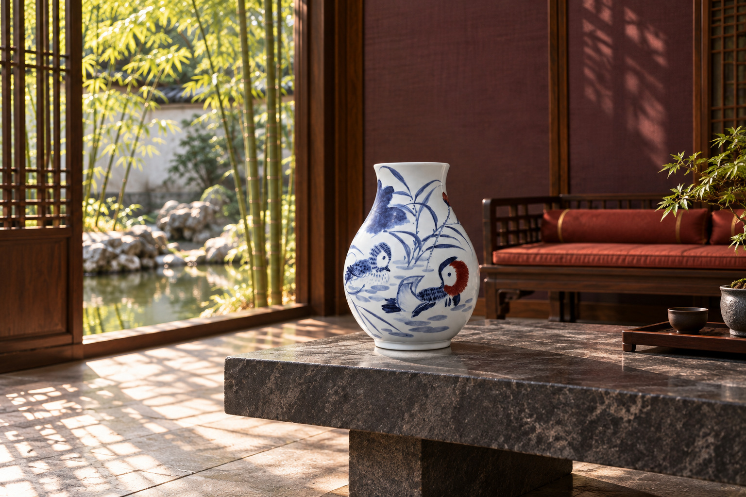A waterbird rests among lotus leaves and reeds on the blue-and-white surface of a rounded vase.