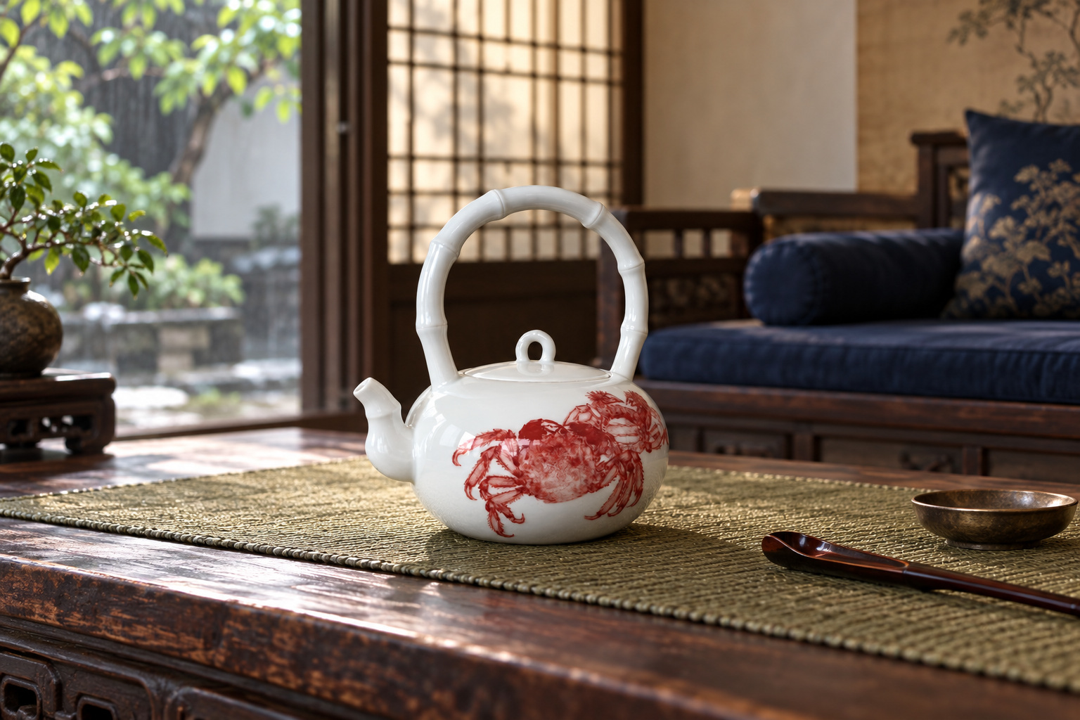 Two red crabs spread across a rounded teapot beneath a bamboo-like loop handle.