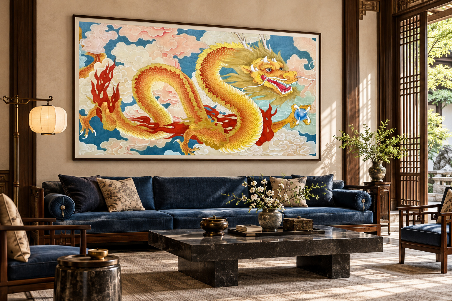 Large Golden Dragon as a focal artwork above a carved wooden console in a reception lounge