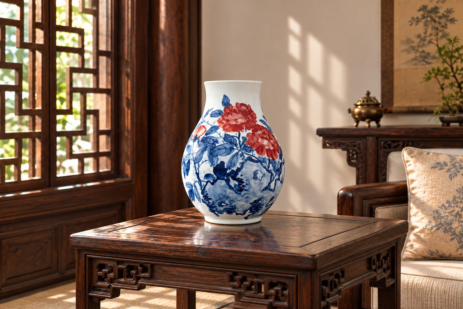 Red peonies and blue foliage rise above a painted rock, following the full curve of a short-neck vase.