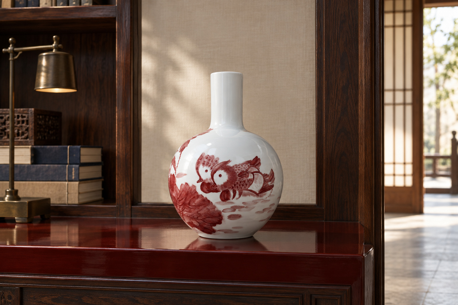 Long-neck globular vase with paired mandarin ducks