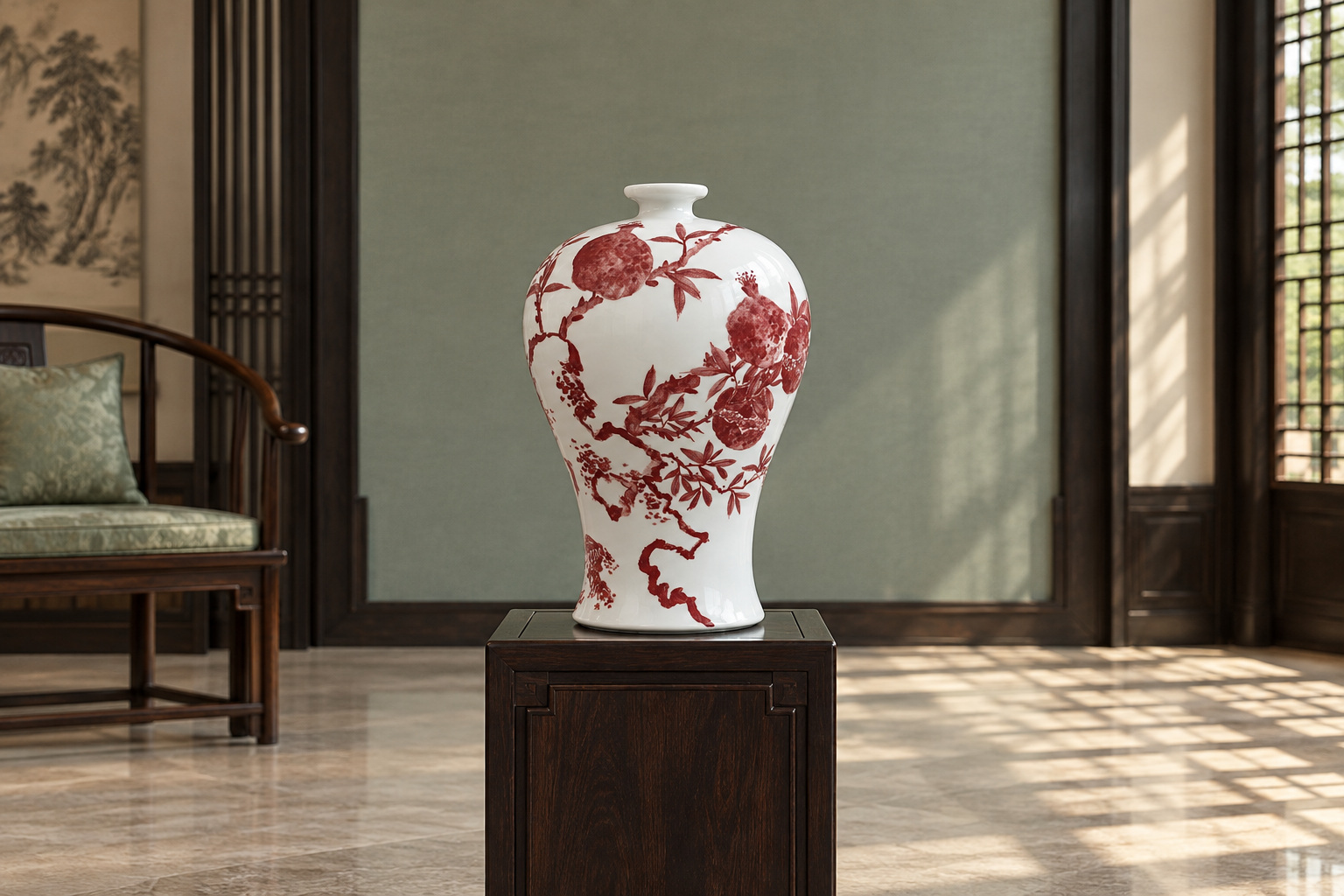 Red pomegranate branches curve across the broad shoulder and tapering body of a meiping-form vase.